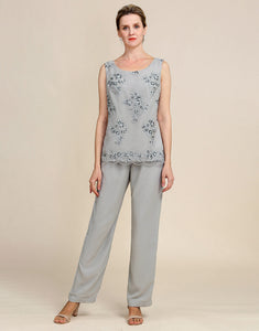 Grey 3 Piece Mother of the Bride Pant Suits with Lace