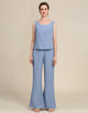 Grey Blue Long Sleeves 3 Piece Mother of the Bride Pant Suits
