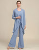 Grey Blue Long Sleeves 3 Piece Mother of the Bride Pant Suits