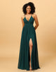 Chiffon Spaghetti Straps Green Bridesmaid Dress with Slit