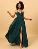 Chiffon Spaghetti Straps Green Bridesmaid Dress with Slit