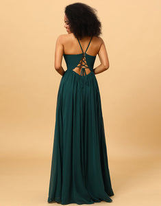 Chiffon Spaghetti Straps Green Bridesmaid Dress with Slit