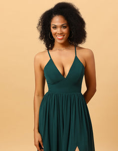 Chiffon Spaghetti Straps Green Bridesmaid Dress with Slit