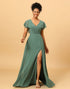 Chiffon A-line Green Bridesmaid Dress with Slit