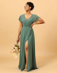 Chiffon A-line Green Bridesmaid Dress with Slit