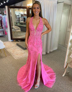 Fuchsia Halter Neck Mermaid Tulle Long Prom Dress with Appliques