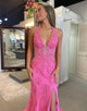 Fuchsia Halter Neck Mermaid Tulle Long Prom Dress with Appliques