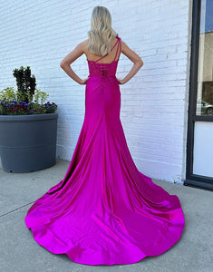 Fuchsia Mermaid One Shoulder Applique Prom Dress with Sweep Train