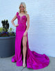 Fuchsia Mermaid One Shoulder Applique Prom Dress with Sweep Train