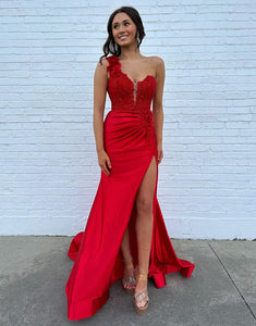 Fuchsia Mermaid One Shoulder Applique Prom Dress with Sweep Train