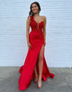 Fuchsia Mermaid One Shoulder Applique Prom Dress with Sweep Train