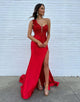 Fuchsia Mermaid One Shoulder Applique Prom Dress with Sweep Train