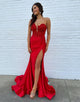 Fuchsia Mermaid One Shoulder Applique Prom Dress with Sweep Train