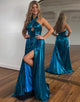 Peacock Blue Halter Neck A-Line Long Prom Dress With Slit