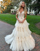 Beige A-Line V Neck Lace Tiered Long Prom Dress