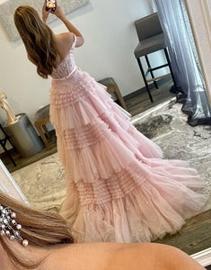 Beige A-Line V Neck Lace Tiered Long Prom Dress
