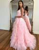 Apricot A-Line V Neck Tiered Long Prom Dress With Slit