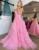 Apricot A-Line V Neck Tiered Long Prom Dress With Slit