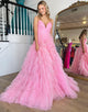 Apricot A-Line V Neck Tiered Long Prom Dress With Slit