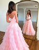 Apricot A-Line V Neck Tiered Long Prom Dress With Slit