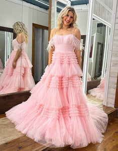 Pink A-Line Tiered Long Prom Dress