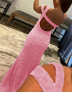 Pink Mermaid One Shoulder Sequins Prom Dress With Slit