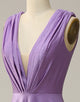 A Line Deep V Neck Purple Sleeveless Long Prom Dress