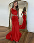 Red One Shoulder Cutout Waist Long Satin Mermaid Prom Dress With Beading