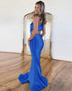 Royal Blue One Shoulder Cutout Waist Long Satin Mermaid Prom Dress With Beading