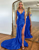 Royal Blue V-Neck Ruched Satin Prom Dress with Slit