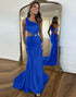 Royal Blue One Shoulder Cutout Waist Long Satin Mermaid Prom Dress With Beading