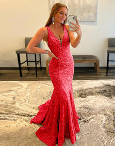 Sequin Open Back Long Mermaid Prom Dress