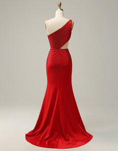One Shoulder Red Mermaid Prom Dress With Hollow-Out