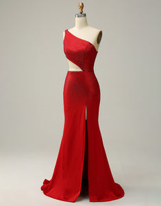 One Shoulder Red Mermaid Prom Dress With Hollow-Out