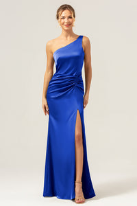 Elegant Royal Blue One-Shoulder Pleated High-Slit Mermaid Maxi Dress - Perfect Bridesmaid Dress