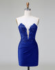 Tight Deep V-Neck Satin Strapless Short Homecoming Dress with Appliques