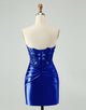 Unique Sparkly Navy Bodycon Strapless Hollow Out Homecoming Dress with Lace