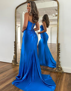 Royal Blue Mermaid Strapless Tight Long Prom Dress With Slit