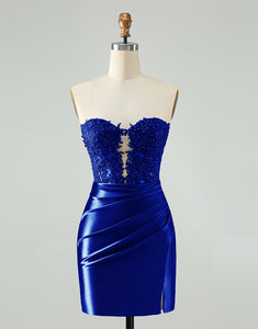 Unique Sparkly Navy Bodycon Strapless Hollow Out Homecoming Dress with Lace