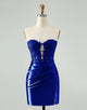 Unique Sparkly Navy Bodycon Strapless Hollow Out Homecoming Dress with Lace