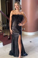 Strapless Feathers Side Slit Sequin Prom Dress