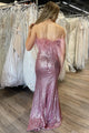 Strapless Feathers Side Slit Sequin Prom Dress