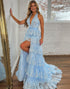Sparkly Light Blue Halter Tiered Long Prom Dress with Slit