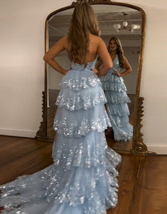 Sparkly Light Blue Halter Tiered Long Prom Dress with Slit