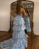 Sparkly Light Blue Halter Tiered Long Prom Dress with Slit