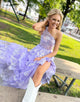 Sparkly Navy One Shoulder Tiered Lace Long Prom Dress With Slit