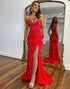 Sparkly Red Beaded Spaghetti Straps Long Prom Dress With Slit