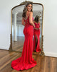 Sparkly Red Beaded Spaghetti Straps Long Prom Dress With Slit