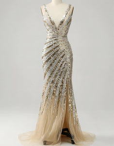 Golden Mermaid Deep V Neck Long Prom Dress with Silt