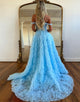 Blue A-Line Off The Shoulder Tiered Long Prom Dress With Slit